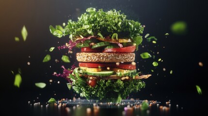 Fototapeta premium Creative floating layered vegetable and cracker snack with fresh greens and tomatoes in midair on dark background, vibrant healthy food concept