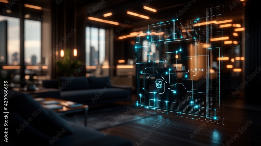Poster modern smart home holographic interface with digital technology and virtual controls illustrating fu