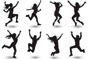 Silhouettes of joyful people jumping and running