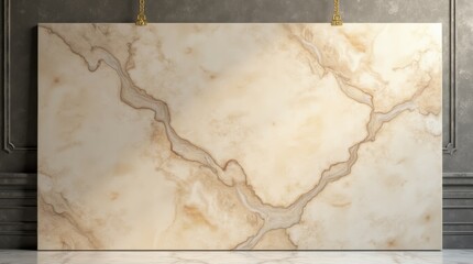 Vertical view of a large marble slab with creamy beige tones, smoky dark background, sophisticated decor style.