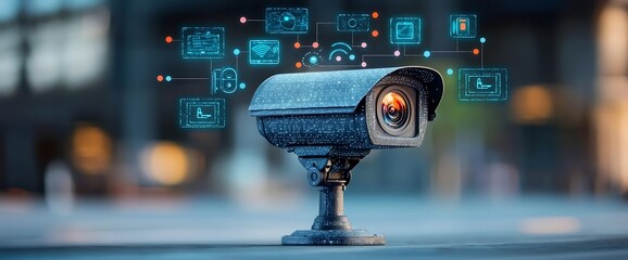 Surveillance camera with digital interface overlay showing connected features