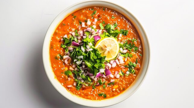 Indian misal pav white dish with garnish of onion coriander and lemon viewed top down on white background Famous Maharashtrian street food spicy and crunchy cut out on isolated transparent background