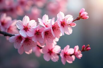 Pink cherry blossoms cascading down a branch, delicate petals , nature, texture