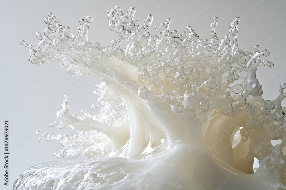 Poster milk splashing forms intricate shapes, droplets frozen in time. use this creamy texture to add fresh