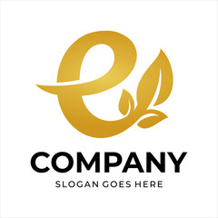 The logo design combines the letter e and a leaf, using gold color.