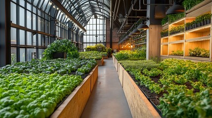 A modern greenhouse filled with a lush variety of plants. The atmosphere is fresh, tranquil, and full of life, with a touch of elegance and contemporary style.