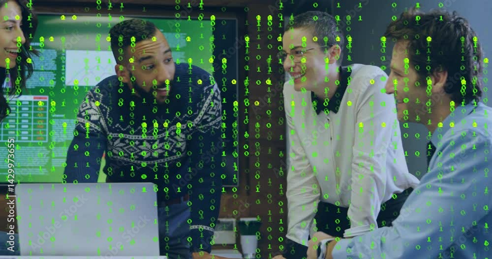 Poster technology team analyzing chart visuals in modern office, with cascading green binary overlay
