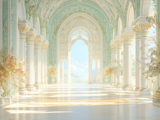 Elegant Palace Hallway Sunlit Columns Pastel Green Walls Floral Decor Mountain View