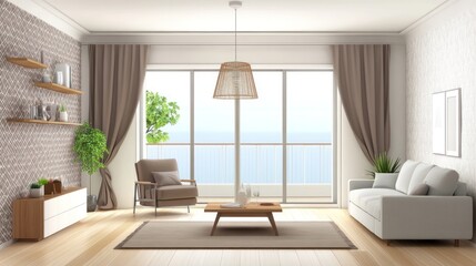 Bright seaside living room with white sofa and wooden floor for decoration ideas
