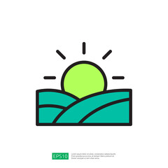 Minimalist Icon of a Sunrise Over Fertile Fields Depicting Farming Landscape and Nature