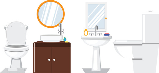 Fototapeta premium Bathroom Basin Cabinet Toilet Interior Set Vector