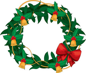 Christmas Wreath With Bell And Ribbon Decor Vector