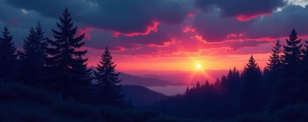 Obraz premium Dark silhouettes of evergreen trees against a twilight sky , winter, cedar, mystery