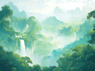 Lush Green Mountain Landscape with Waterfalls Serenity Nature Tranquility