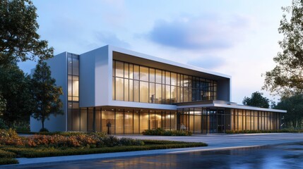 Obraz premium A modern architectural building with large glass window panels