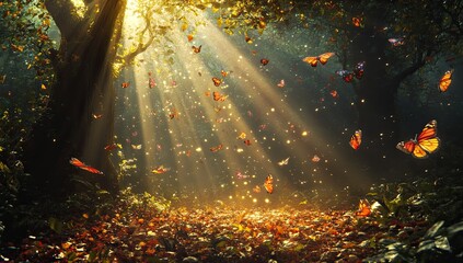 Sunlight streams through a mystical autumn forest, filled with butterflies and falling leaves.  Sunlight filters through trees, illuminating a forest floor covered in colorful autumn leaves. 