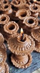 Ornate Clay Oil Lamps Lit Candles Festive Diwali