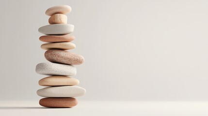 Obraz premium Minimalist stack of smooth, rounded stones arranged vertically on a plain neutral background perfect for meditation relaxation and zen design concepts