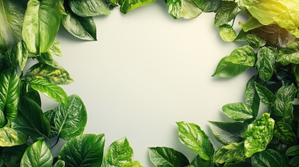 Fototapeta premium Vibrant green leafy foliage border with lush plants and fresh leaves arranged in a circular frame, perfect for nature, botanical, or eco-themed designs