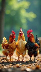 Fototapeta premium Three chickens, shades on, doing a chicken dance , quirky, party