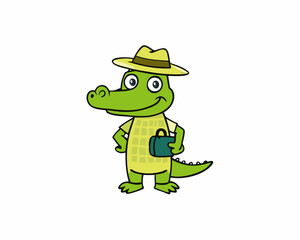 cartoon crocodile traveller vector silhouette illustration isolated on white background
