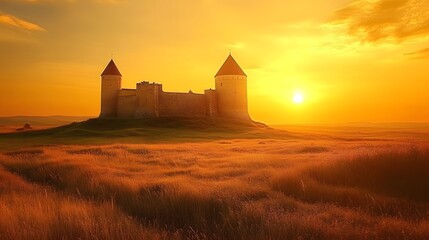 Fototapeta premium Medieval Castle Sunset Golden Hour Landscape