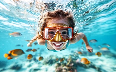 Fototapeta premium Girl smiles underwater with snorkeling mask, colorful fish swim by