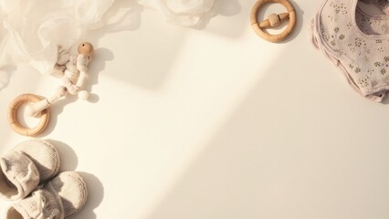 Minimal baby essentials with wooden toys and soft shoes