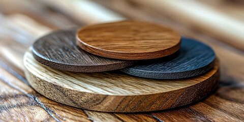  Assorted Wooden Coasters Stack on Wooden Surface