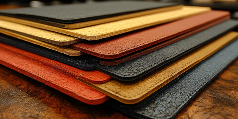  Stack of Colorful Textured Notebooks on Wooden Surface