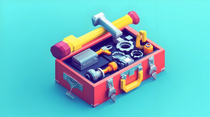 Obraz premium Isometric toolbox illustration showcasing an assortment of tools against turquoise backdrop
