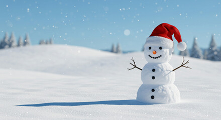 Fototapeta premium Snowman wearing a santa hat standing in a snowy field on a bright day with snow falling gently
