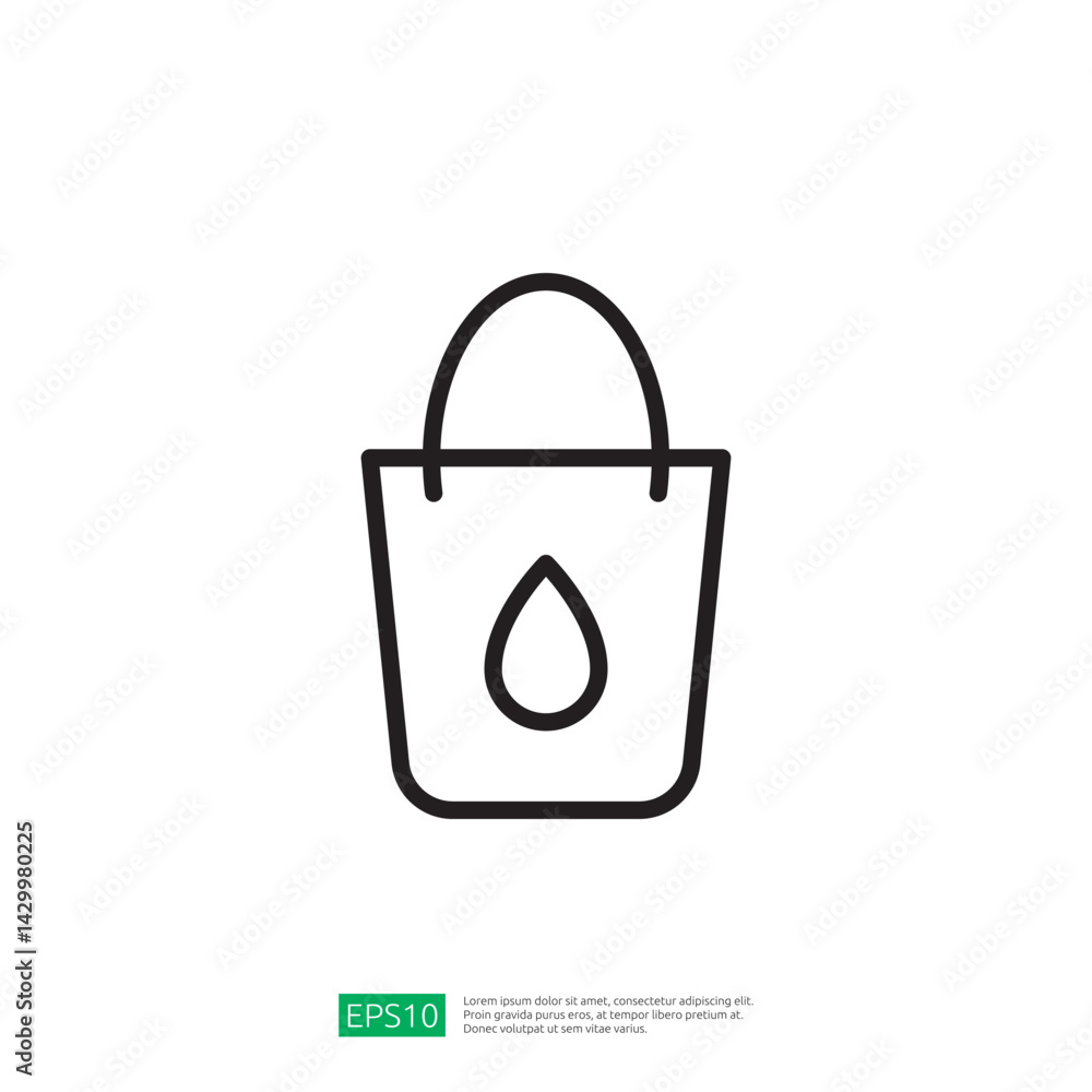 Poster outline icon of a simple bucket with a droplet symbolizing water utility in farming