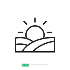 Stylized Icon of Sunrise Over Rolling Hills Depicting Fields and Agriculture in a Minimalist Graphic Design Suitable for Farming Themes