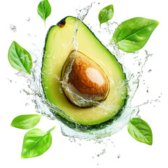  Sliced avocado with leaves flying around it, transparent background