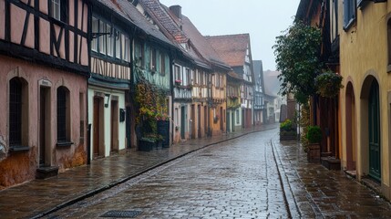 Fototapeta premium A picturesque rainy day view of a European cobblestone street