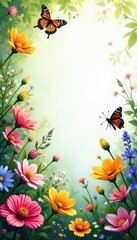 Vibrant wildflowers, butterflies, buzzing bees, border , royalty-free, ecology