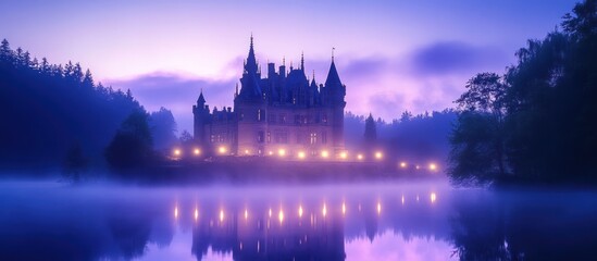 Obraz premium A majestic castle stands reflected across a still lake at dusk