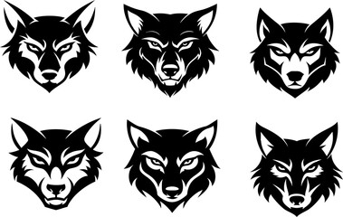 Fototapeta premium Wolf head vector icon set – flat design collection of wild animal symbols, fierce predator logos, black silhouette graphics, canine illustrations, and mascot elements bundle.