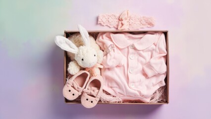 Pink baby clothes and bunny toy in cute gift box
