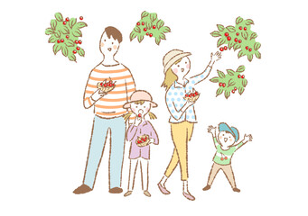 さくらんぼ狩りをしている笑顔の4人家族のシンプル手描きイラスト