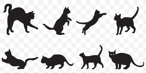 a set of cat icons. Black Cat Silhouettes Vector Collection on Transparent Background. EPS 10.