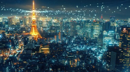 Fototapeta premium Tokyo cityscape at night, data network overlay, urban technology