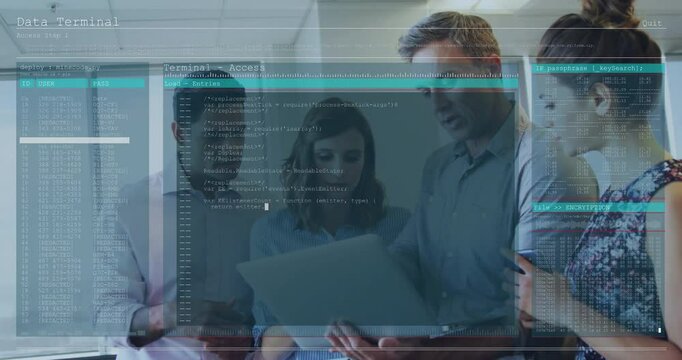 Team reviewing code on devices in office, showing animated encryption and tech data overlays