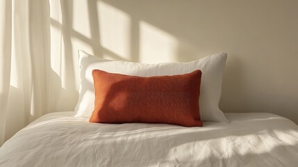 A modern, minimal bedroom with white bedding and a single cushion offering subtle texture and warmth