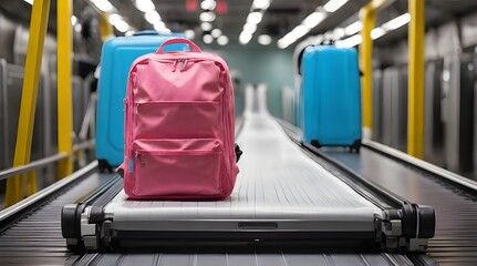A colorful backpack and a small suitcase coming out on a roller conveyor.generative.ai