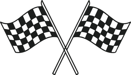 Fototapeta premium Crossed checkered racing flags icon in black and white representing finish line, motorsport, competition, speed, and race victory symbol 