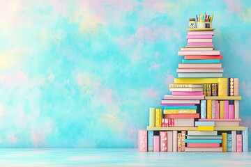 Colorful book stack against pastel wall