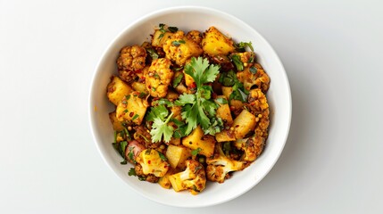 Top down view of dry aloo gobi sabzi white bowl over clean white background Indian spiced cauliflower potatoes garnished fresh coriander leaves vegetarian dish cut out isolated transparent background
