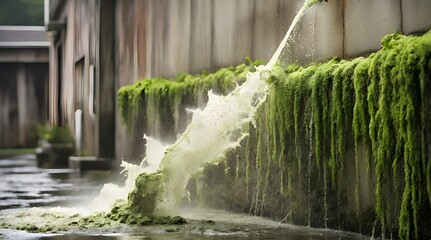 A grimy concrete wall, green mold being blasted away by a powerful stream.generative.ai